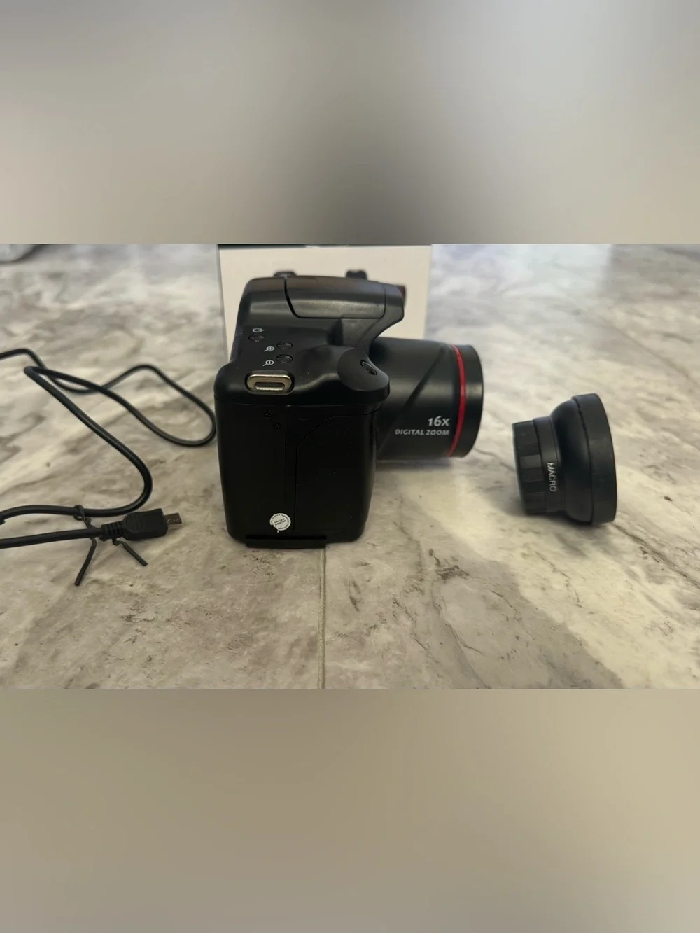 Black Digital Camera/Video with Detachable Macro Lens and USB Cable